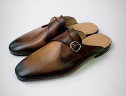Tucci Di Lusso Mens Burnished Brown Handcrafted Italian Leather Luxury Single Buckle Slippers Mule