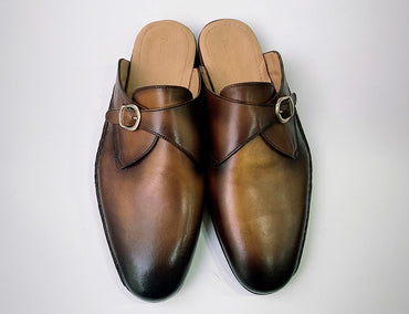 Tucci Di Lusso Mens Burnished Brown Handcrafted Italian Leather Luxury Single Buckle Slippers Mule