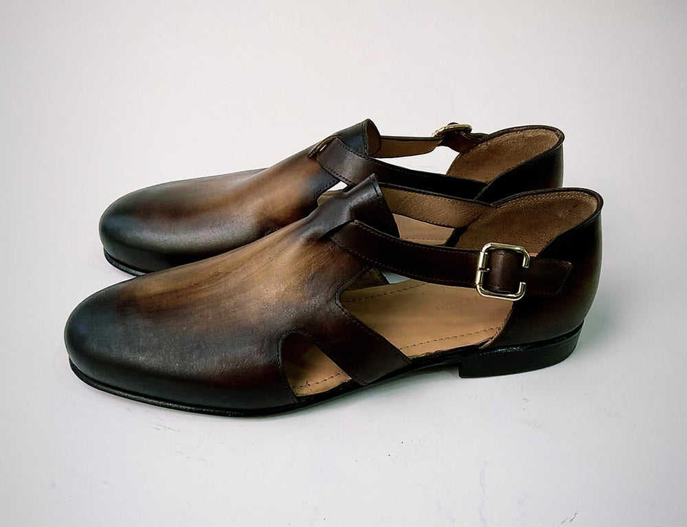 Tucci Di Lusso Mens Burnished Brown Handmade Italian all Leather Luxury Dress Single Buckle Sandals