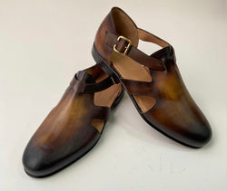 Tucci Di Lusso Mens Burnished Brown Handmade Italian all Leather Luxury Dress Single Buckle Sandals