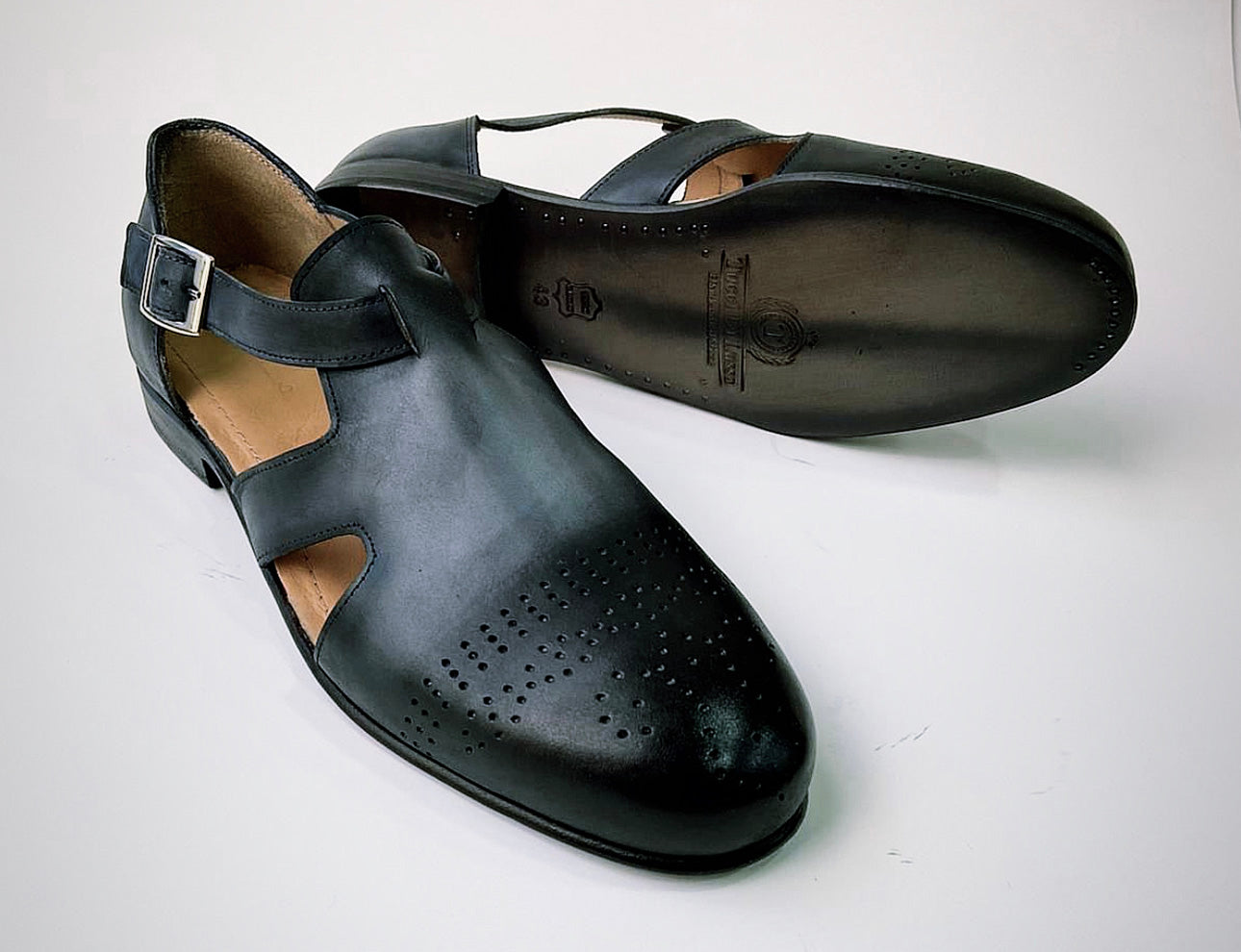 Tucci Di Lusso Mens Gray-Black Handcrafted Italian all Leather Luxury Dress Single Buckle Brogue Sandals