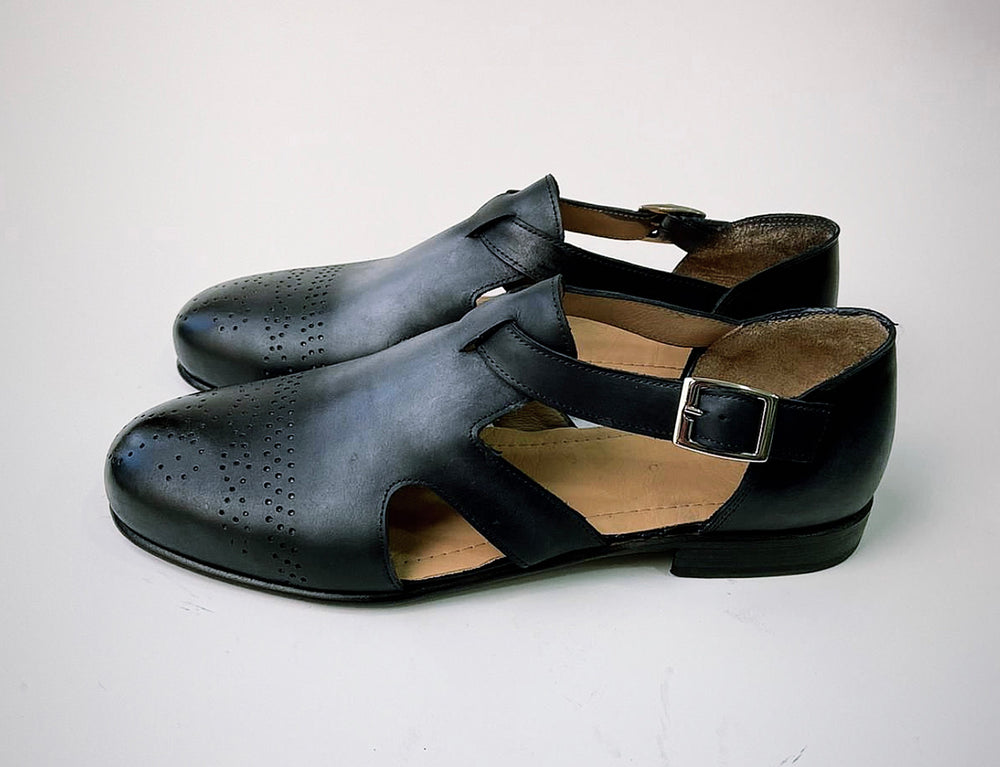 Tucci Di Lusso Mens Gray-Black Handcrafted Italian all Leather Luxury Dress Single Buckle Brogue Sandals