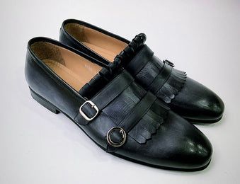 Tucci Di Lusso Mens Gray-Black handmade Italian leather luxury Double Buckle Monkstrap Kiltie Loafers