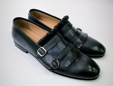 Tucci Di Lusso Mens Gray-Black handmade Italian leather luxury Double Buckle Monkstrap Kiltie Loafers