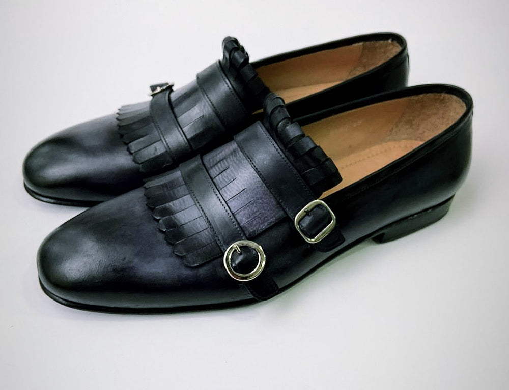 Tucci Di Lusso Mens Gray-Black handmade Italian leather luxury Double Buckle Monkstrap Kiltie Loafers