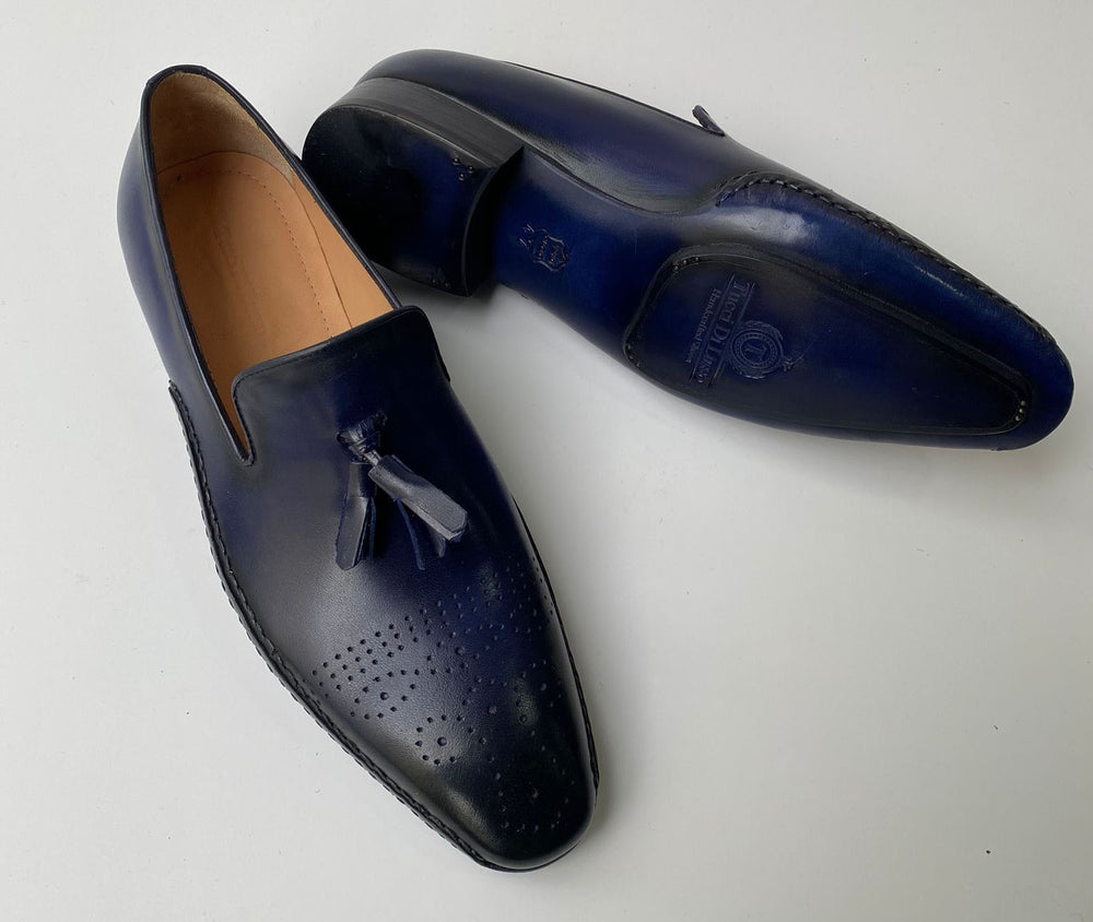 Tucci Di Lusso Mens Navy Blue Hand-welted Luxury Italian leather Slip on Tassel Loafers shoes