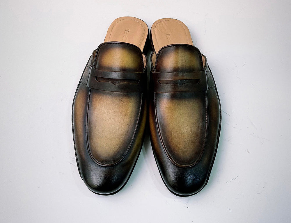 Tucci Di Lusso Mens Premium Burnished Brown Handmade Italian Leather Luxury Slippers Mule