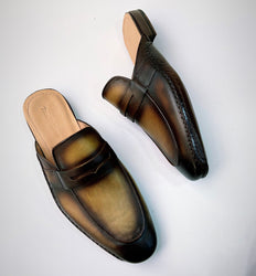 Tucci Di Lusso Mens Premium Burnished Brown Handmade Italian Leather Luxury Slippers Mule