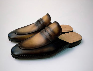 Tucci Di Lusso Mens Premium Burnished Brown Handmade Italian Leather Luxury Slippers Mule