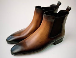 Tucci Di Lusso Mens Premium Italian Leather Burnished Brown Handmade Luxury Chelsea Boots