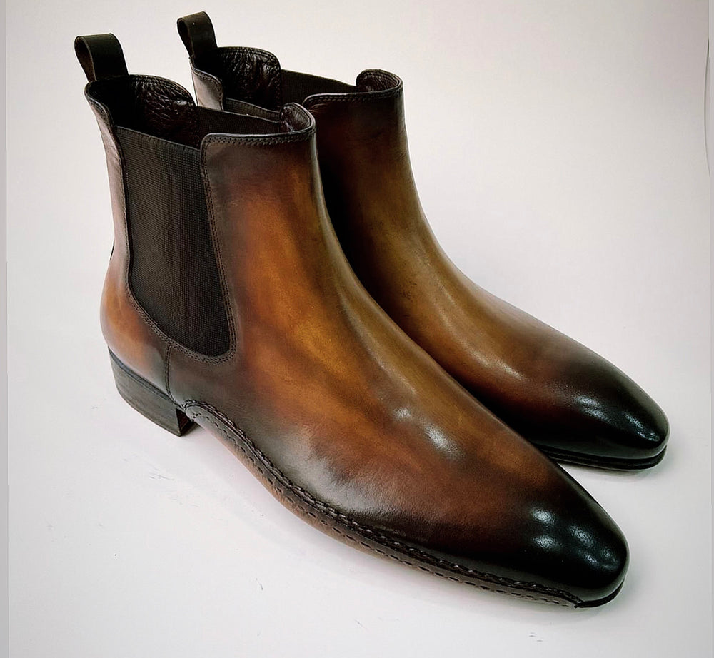 Tucci Di Lusso Mens Premium Italian Leather Burnished Brown Handmade Luxury Chelsea Boots