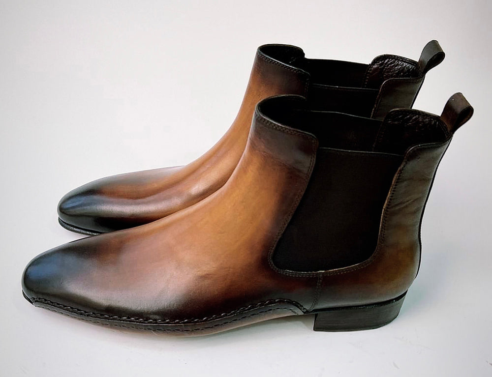 Tucci Di Lusso Mens Premium Italian Leather Burnished Brown Handmade Luxury Chelsea Boots