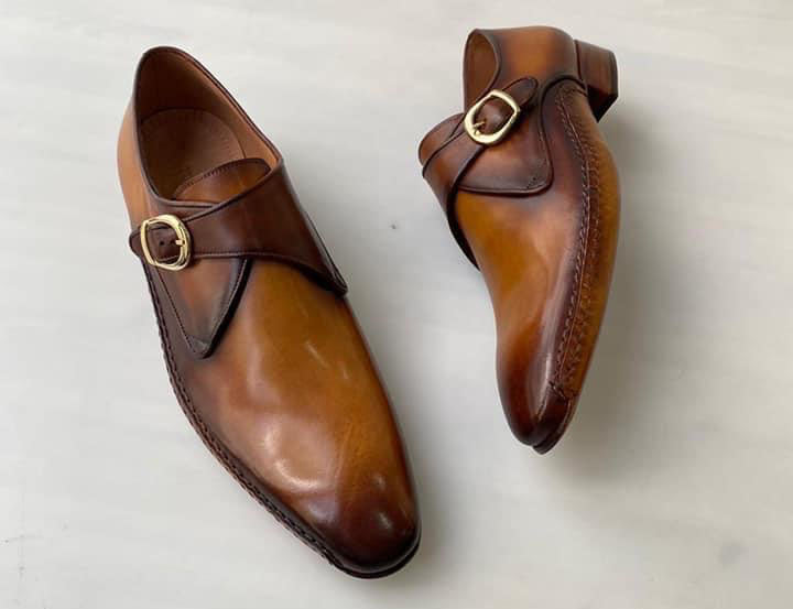Tucci Di Lusso Mens hand-welted Burnished Brown Single Monkstrap Italian leather handmade luxury shoes