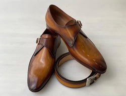 Tucci Di Lusso Mens hand-welted Burnished Brown Single Monkstrap Italian leather handmade luxury shoes
