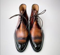Tucci Di Lusso Mens Special Edition Italian Leather Burnished Brown Wingtip Handmade Luxury Chukka Ankle Boots