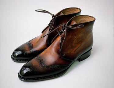 Tucci Di Lusso Mens Special Edition Italian Leather Burnished Brown Wingtip Handmade Luxury Chukka Ankle Boots