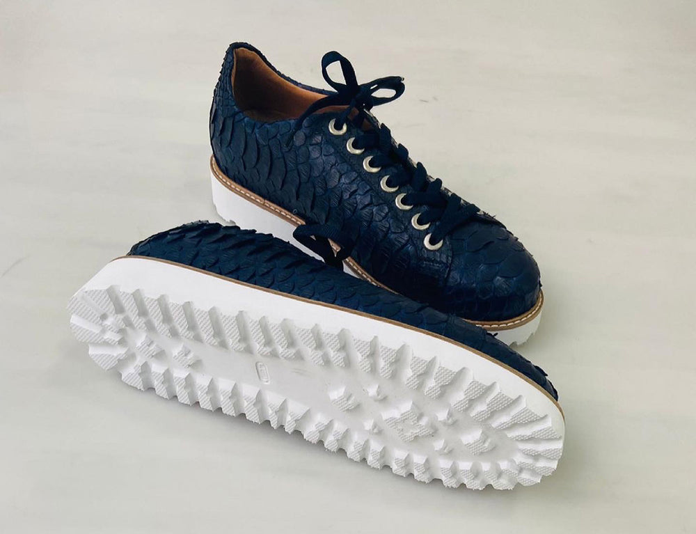 Tucci Di Lusso Mens Special Edition Navy Blue Real Python Skin Leather Handmade Luxury Sneakers