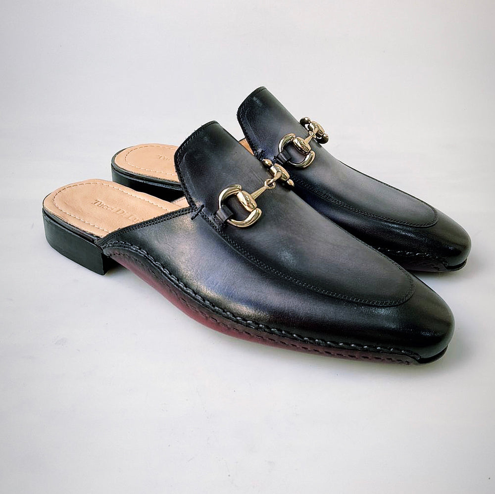 Tucci Di Lusso Mens Two Tone Black-Gray Handcrafted Luxury Italian Leather Slippers Mule