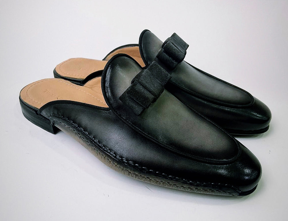 Tucci Di Lusso Mens Two Tone Black-Gray Handmade Luxury Italian Leather Slippers Mule with Bow tie