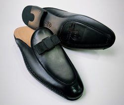 Tucci Di Lusso Mens Two Tone Black-Gray Handmade Luxury Italian Leather Slippers Mule with Bow tie