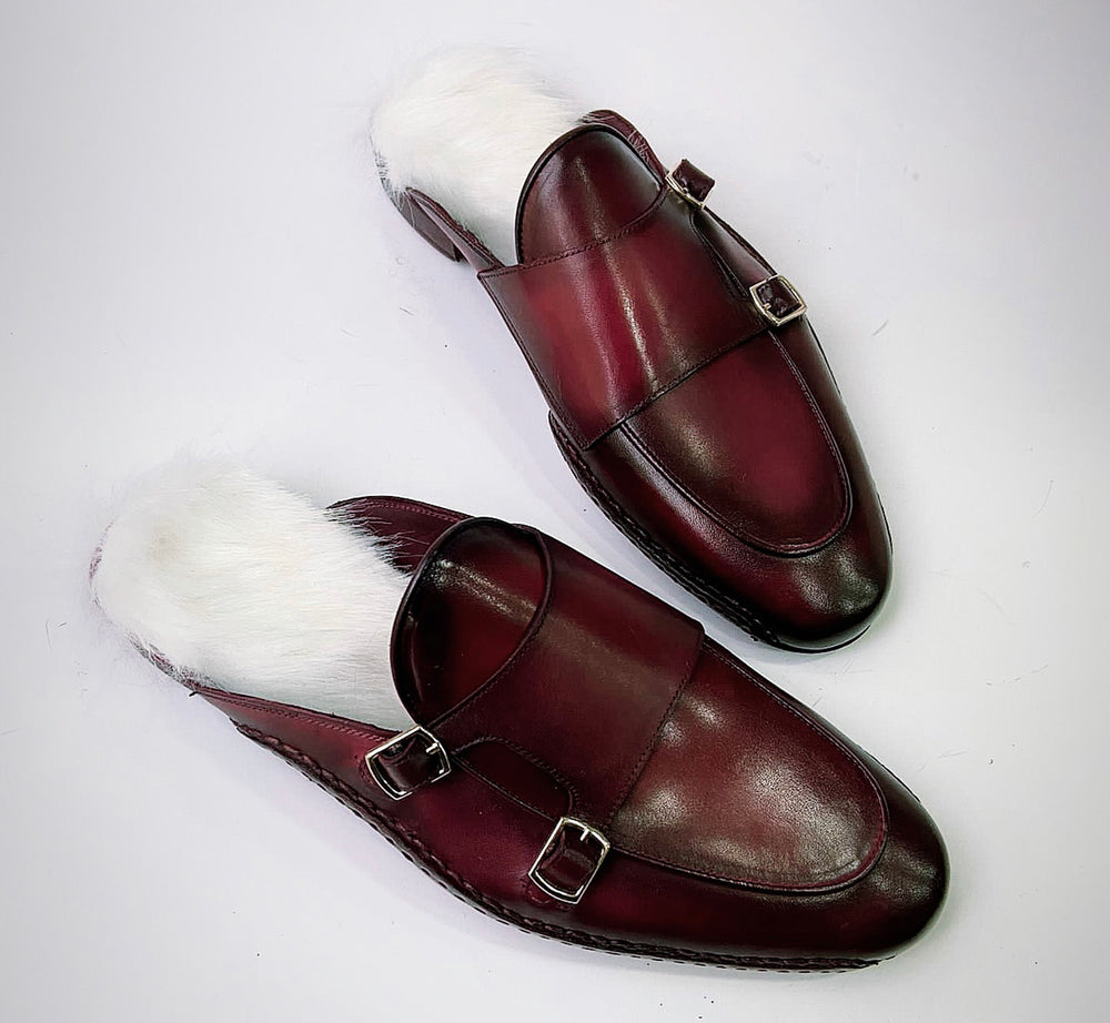 Tucci Di Lusso Special Edition Mens Burgundy Handcrafted Italian Leather Luxury Slippers Mule with White Calf hair Insole