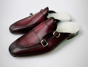Tucci Di Lusso Special Edition Mens Burgundy Handcrafted Italian Leather Luxury Slippers Mule with White Calf hair Insole