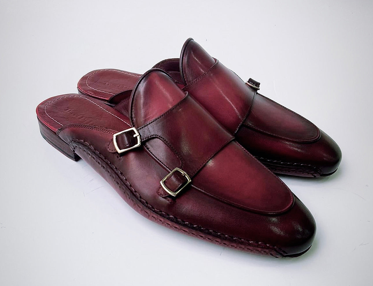 Tucci Di Lusso Special Edition Mens Burgundy Handmade Italian Leather Luxury Slippers Mule with Double Monkstrap
