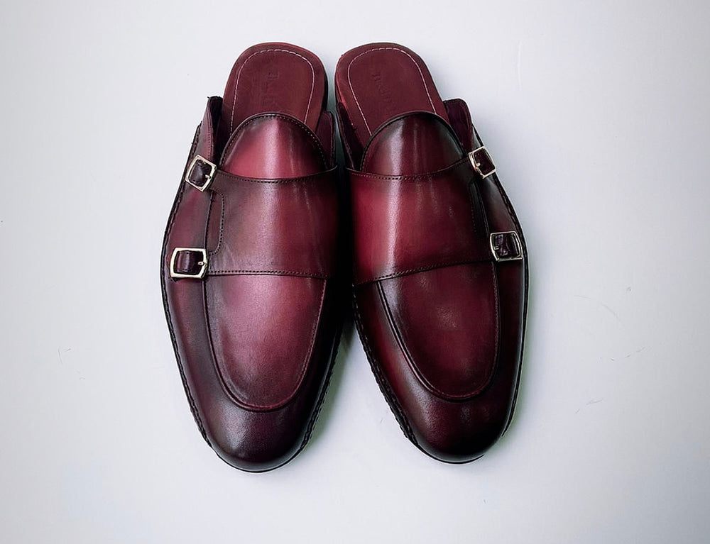 Tucci Di Lusso Special Edition Mens Burgundy Handmade Italian Leather Luxury Slippers Mule with Double Monkstrap
