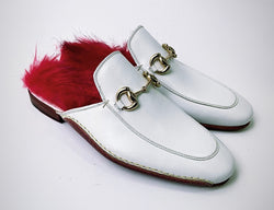 Tucci Di Lusso Special Edition Mens White Handcrafted Italian Leather Luxury Slippers Mule with Red Calf hair Insole