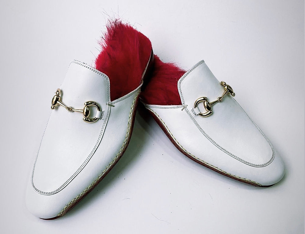 Tucci Di Lusso Special Edition Mens White Handcrafted Italian Leather Luxury Slippers Mule with Red Calf hair Insole