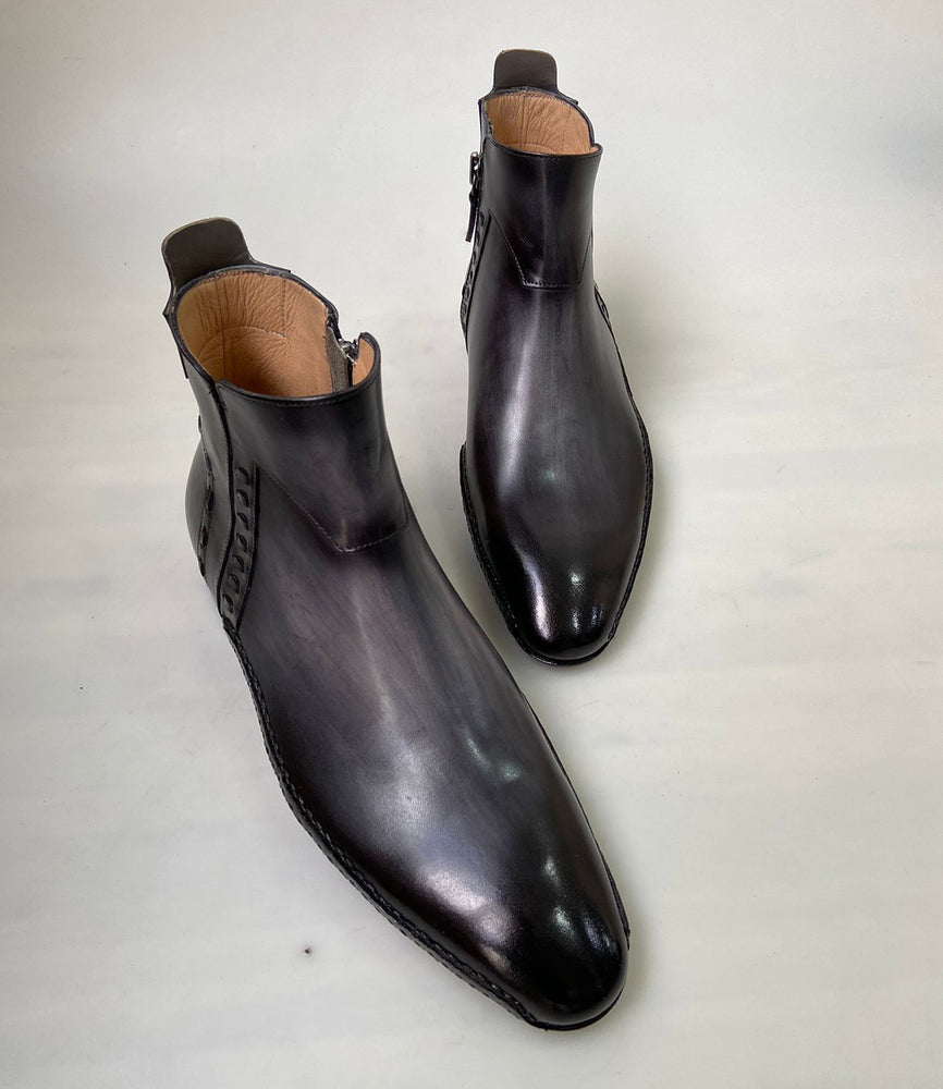 Tucci Di Lusso Special Edition Mens Italian Calf Skin Leather Two Tone Gray-Black Handmade Luxury Zipper Boots