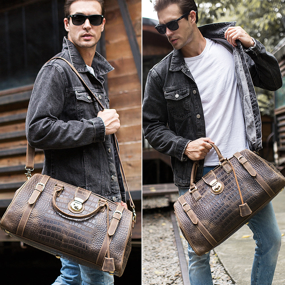 Extra large luxury brown duffel crocodile pattern genuine leather carr