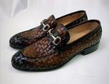 Tucci Di Lusso Mens Burnished Brown Chequeboard Woven Italian Leather Handmade Luxury Loafer Shoe