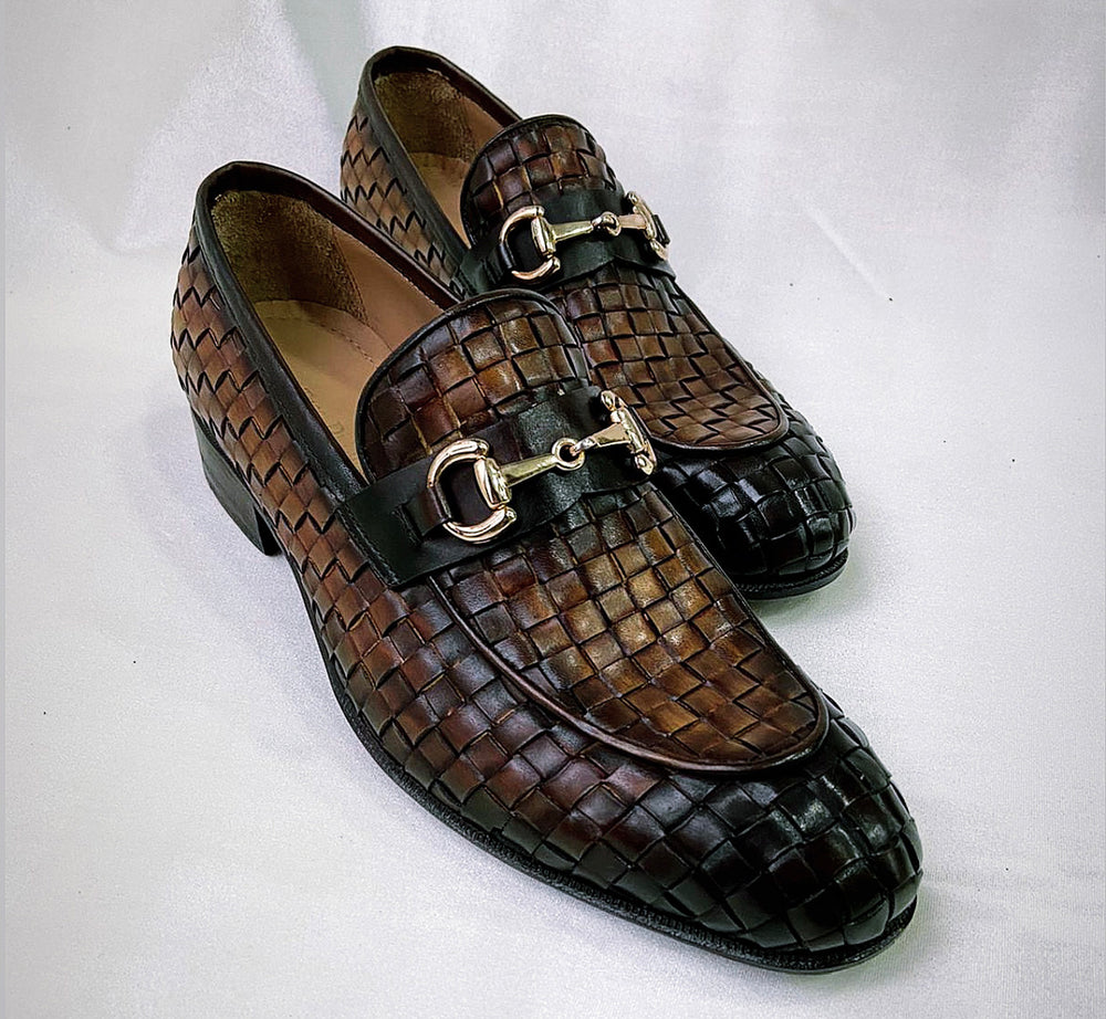 Tucci Di Lusso Mens Burnished Brown Chequeboard Woven Italian Leather Handmade Luxury Loafer Shoe