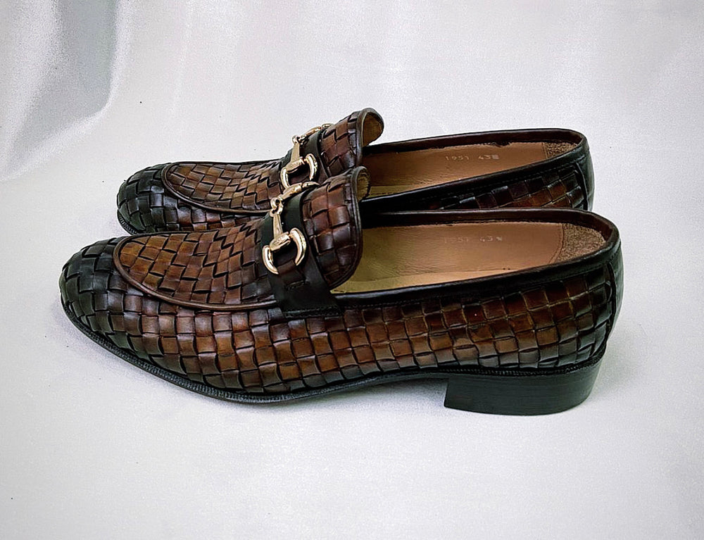 Tucci Di Lusso Mens Burnished Brown Chequeboard Woven Italian Leather Handmade Luxury Loafer Shoe