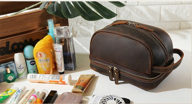 Mens Vintage Handmade Travel Leather Washing Bag Genuine Leather Cosmetic Toiletry Bag