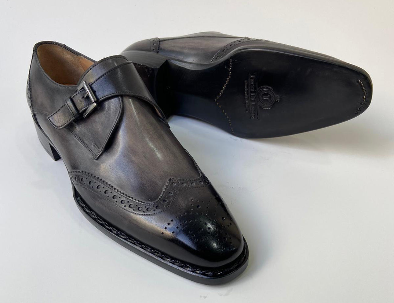 Tucci Di Lusso Mens grayish black handmade Italian leather luxury Monkstrap designer shoes