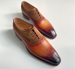 Tucci Di Lusso Mens Burnished Tan handmade Italian leather with half suede luxury lace-ups dress shoes
