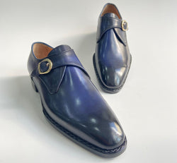 Tucci Di Lusso Mens Navy Blue handmade Italian leather luxury Monkstrap shoes