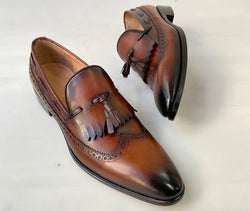 Tucci Di Lusso Mens Brown Italian Leather Handmade Luxury Tassel Slip-on Loafers Shoes