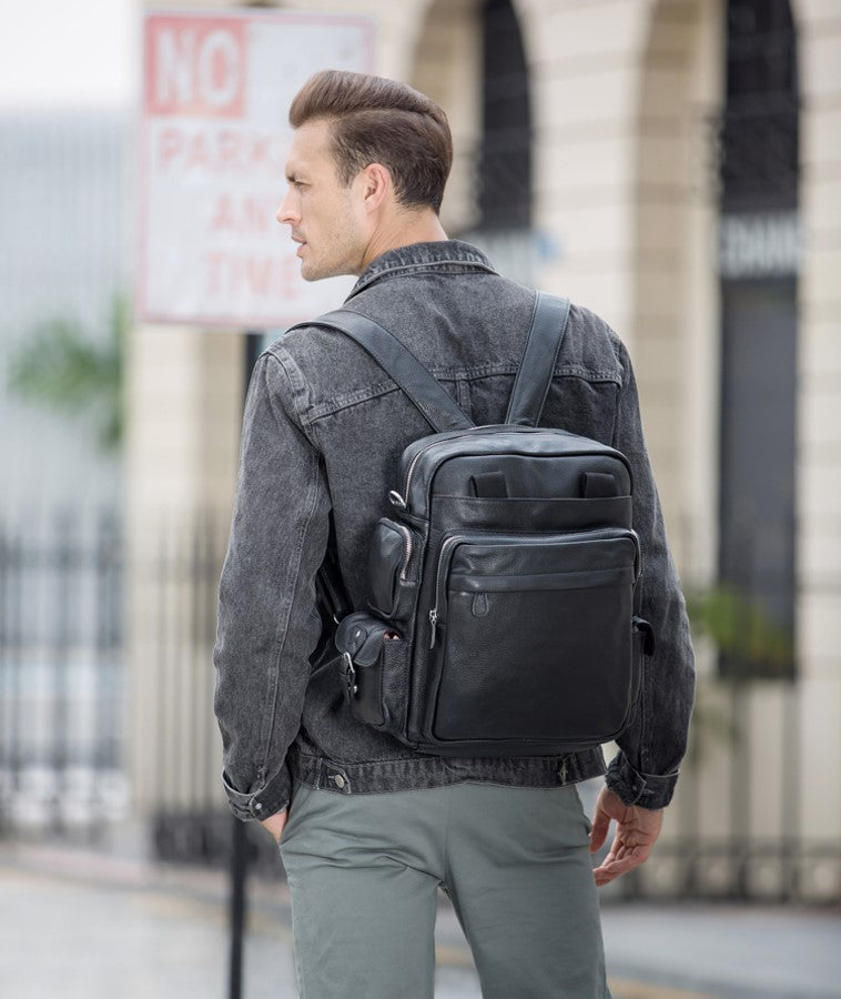 Black Large Capacity Real Leather Laptop Backpack Casual Shoulder Travel Backpack Unisex